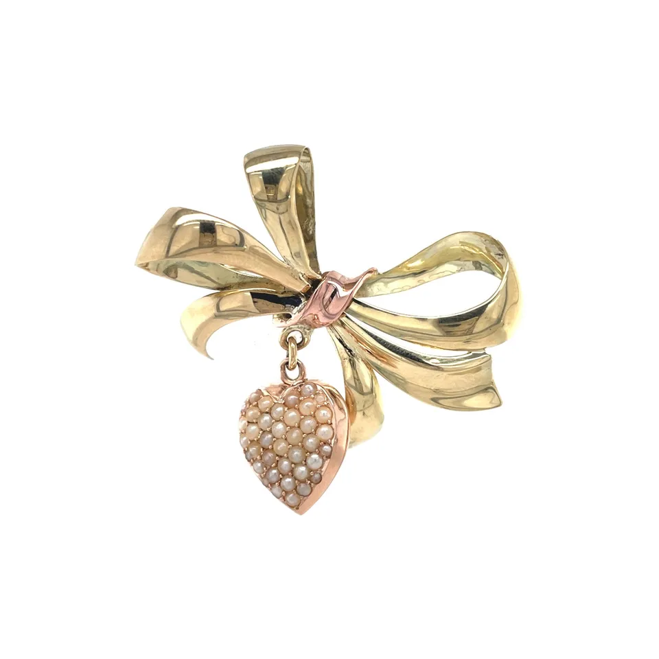 Vintage 14K Gold Bow Brooch with Pearls