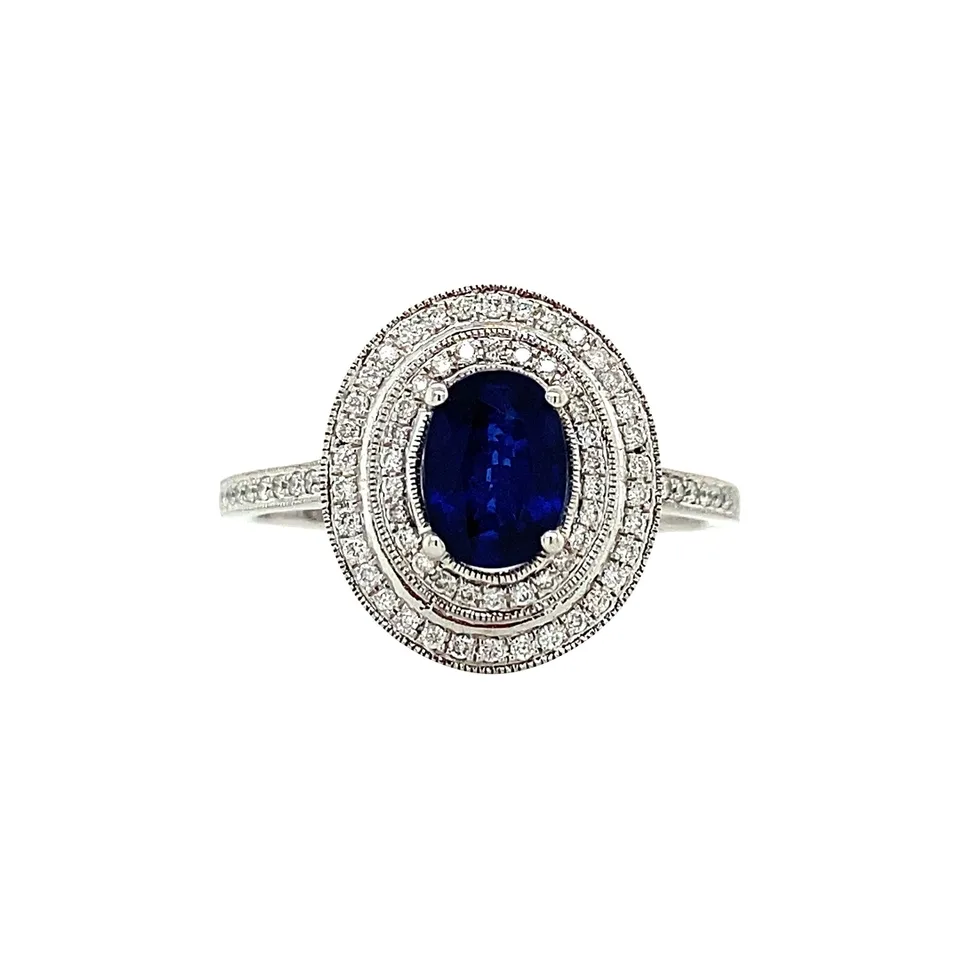 Vintage 18K White Gold Cluster Ring with Sapphire and Diamond