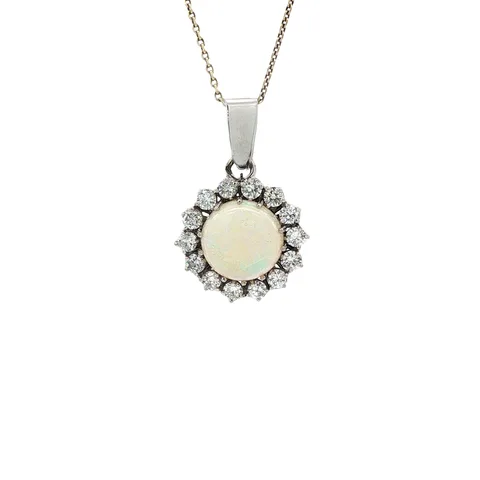 Vintage 14K White Gold Pendant with Opal and Diamond