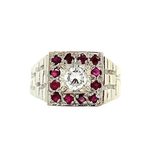 Vintage 18K White Gold Ring with Ruby and Diamond