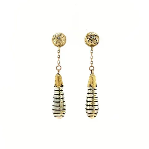 Vintage 14K Gold Drop Earrings with Pearl and Enamel