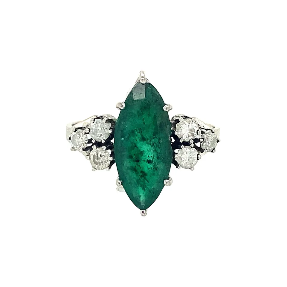 Vintage 14K White Gold Ring with Diamond and Emerald