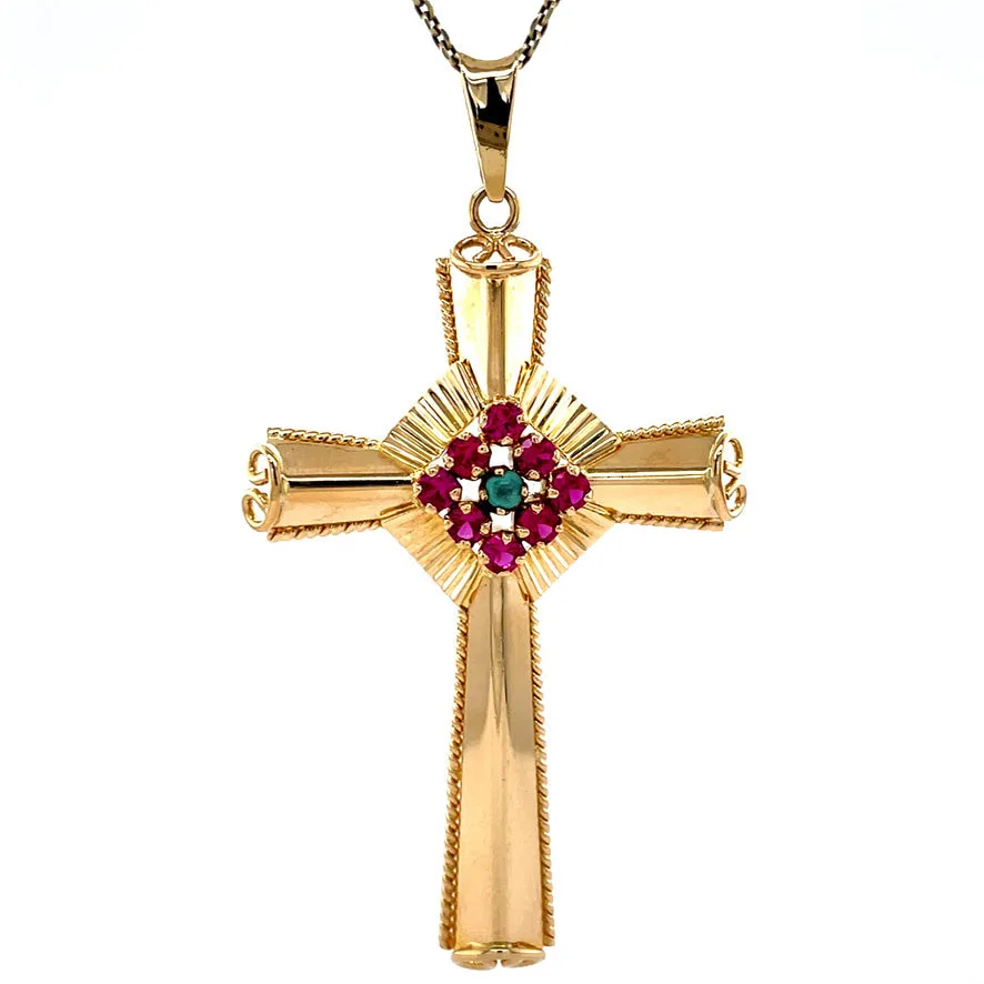 Vintage 18K Gold Cross Pendant with Ruby and Turquoise
