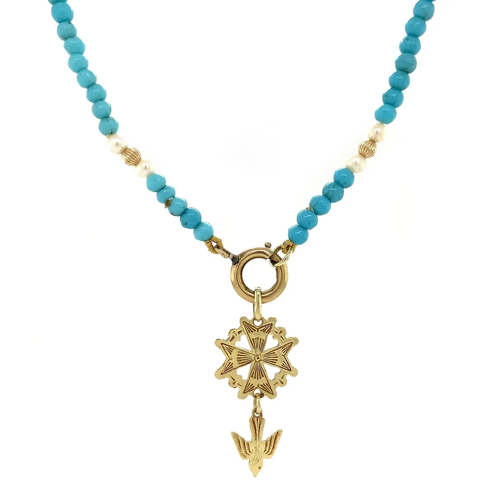 Vintage Turquoise Necklace with Pearl and 14K Gold Decorative Clasp 37.5 cm