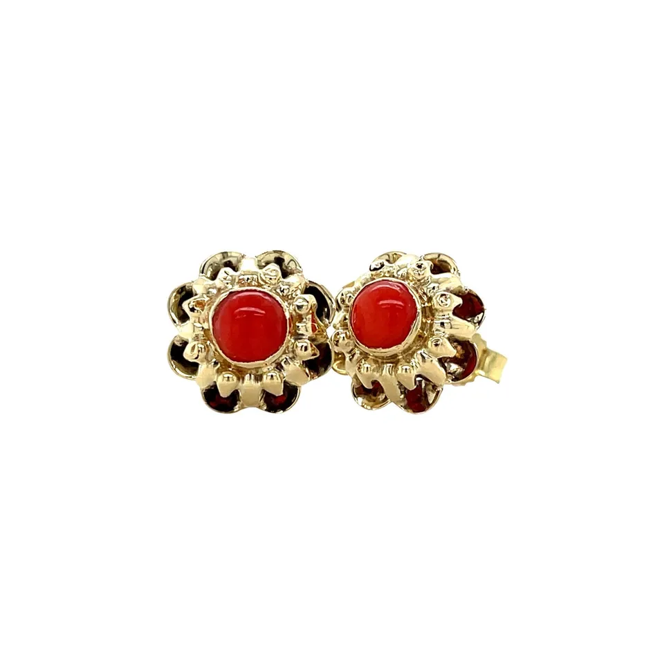Vintage 14K Gold Stud Earrings with Red Coral