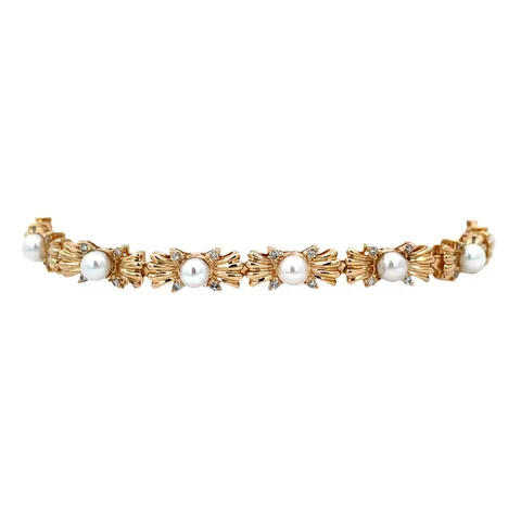 Vintage 14K Gold Bracelet with Pearl and Diamond