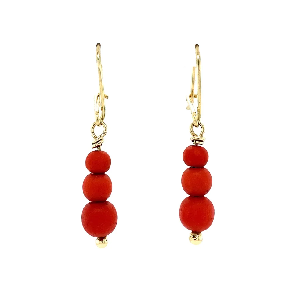 Vintage 14K Gold Drop Earrings with Red Coral