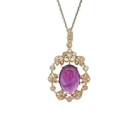 Vintage 14K Gold Pendant with Amethyst, Opal and Diamond