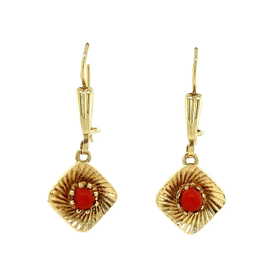 Vintage 14K Gold Drop Earrings with Red Coral