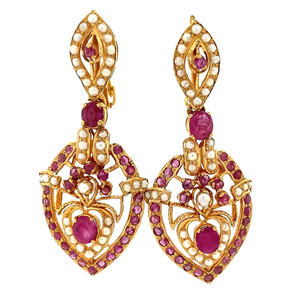 Vintage 20K Gold Drop Earrings with Ruby and Pearl