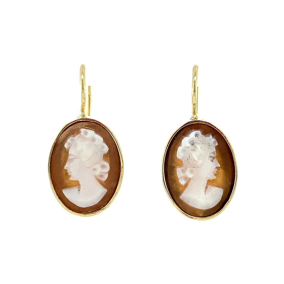 Vintage 14K Gold Drop Earrings with Cameo