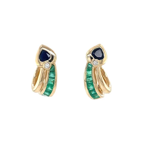 Vintage 14K Gold Stud Earrings with Sapphire, Emerald and Diamond