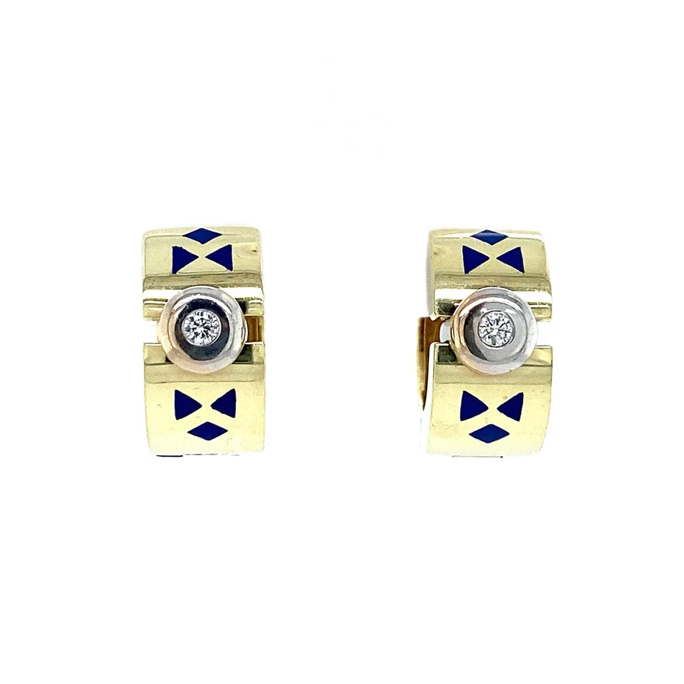 Vintage 14K Gold Hoop Earrings with Diamond and Enamel