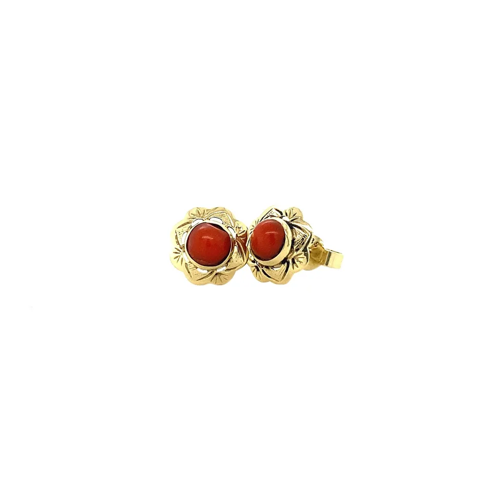 Vintage 14K Gold Stud Earrings with Red Coral