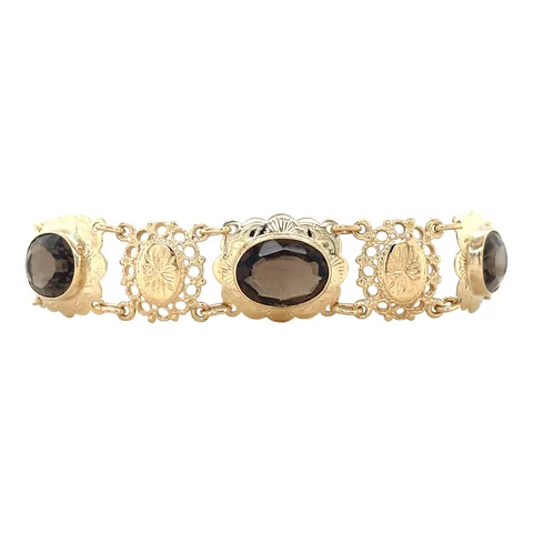 Vintage 14K Gold Boat Link Bracelet with Smoky Quartz