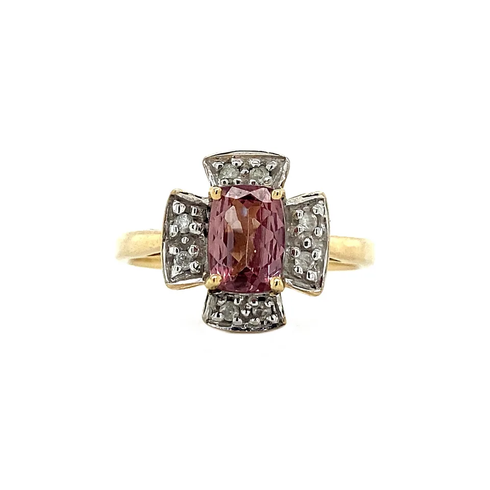 Vintage 9K Gold Ring with Tourmaline and Diamond