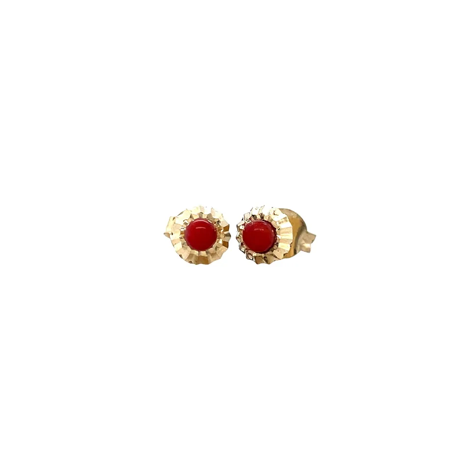 Vintage 14K Gold Solitaire Stud Earrings with Red Coral