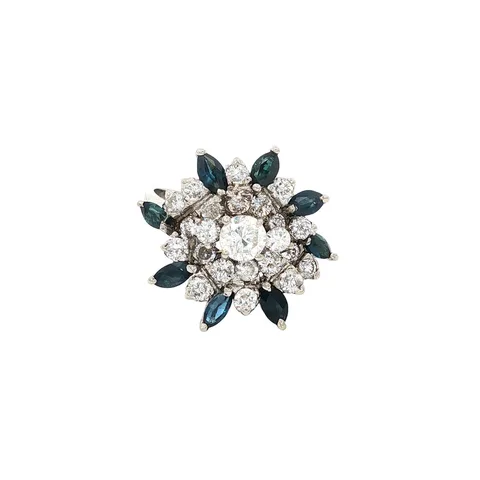 Vintage 14K White Gold Cluster Ring with Sapphire and Diamond