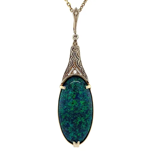 Vintage 14K Gold Pendant with Black Opal and Rose Cut Diamond