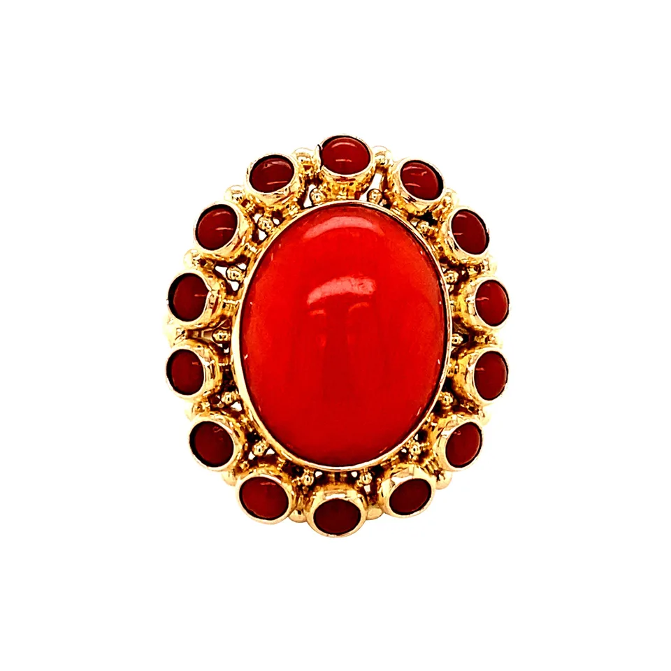 Vintage 14K Gold Cluster Ring with Red Coral