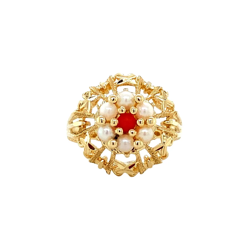 Vintage 14K Gold Ring with Red Coral and Pearl