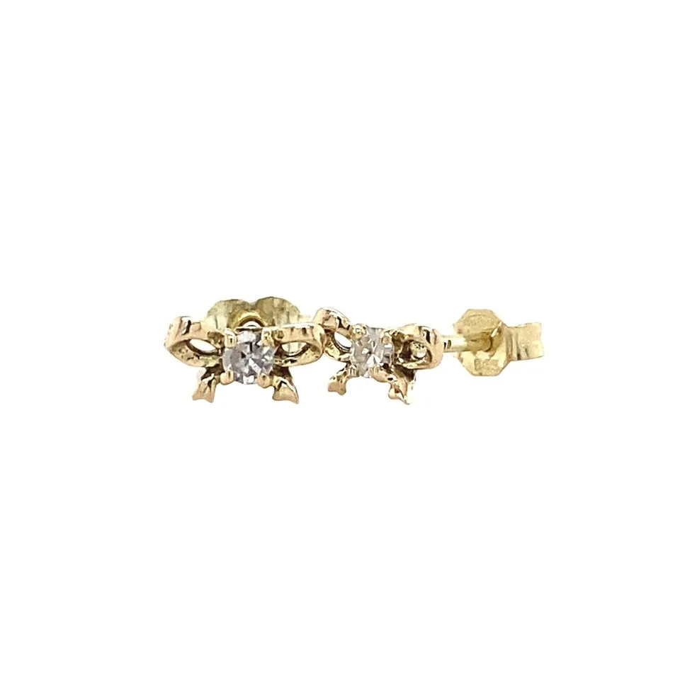 Vintage 14K Gold Stud Earrings Bow with Diamond
