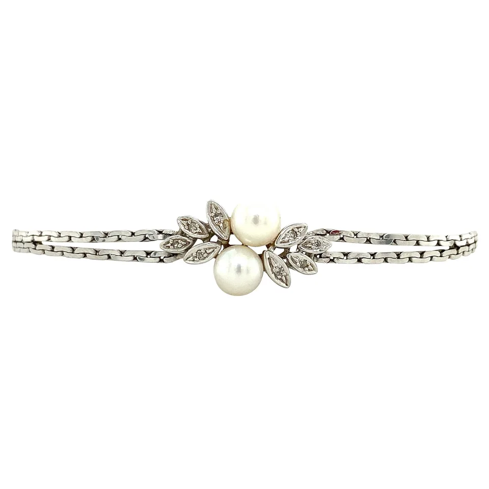 Vintage 14K White Gold Bracelet with Diamond and Pearl
