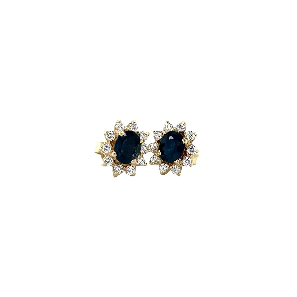 Vintage 14K Gold Cluster Stud Earrings with Sapphire and Cubic Zirconia