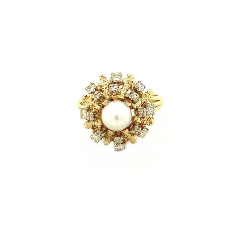 Vintage 14K Gold Cluster Ring with Pearl and Diamond