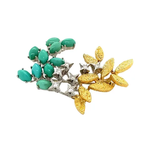 Vintage 18K Gold Brooch with Turquoise and Diamond