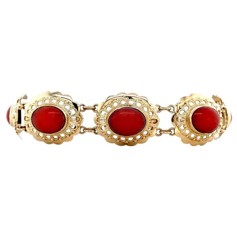 Vintage 14K Gold Boat Link Bracelet with Red Coral