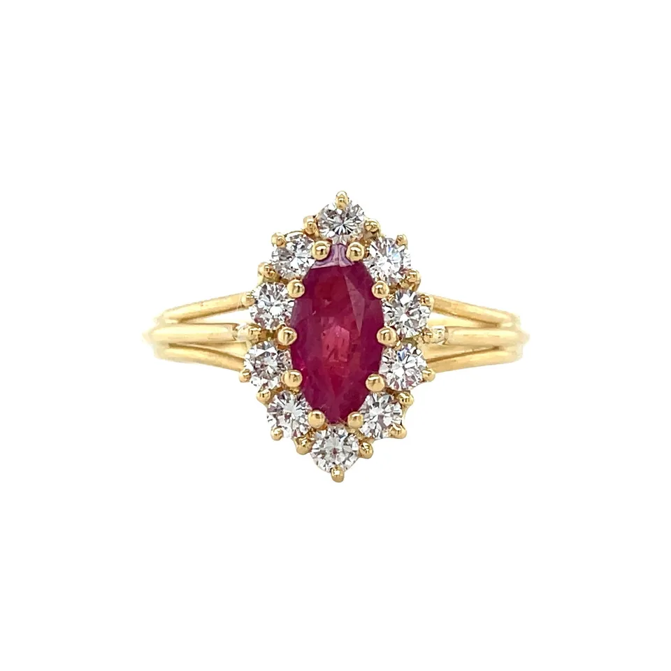 Vintage 14K Gold Cluster Ring with Ruby and Diamond