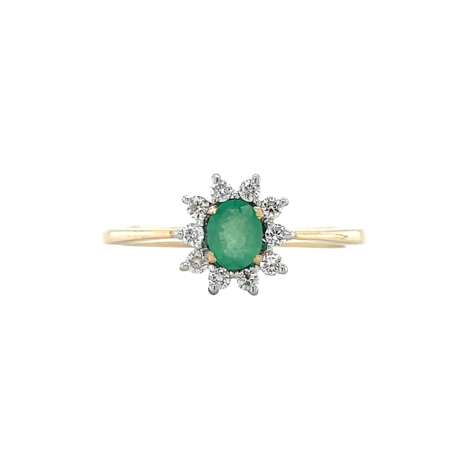 Vintage 14K Gold Cluster Ring with Emerald and Diamond