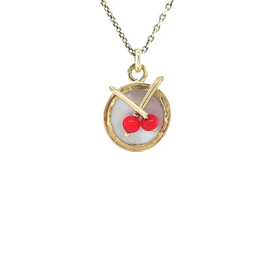 Vintage 14K Gold Trommel Pendant with Mother of Pearl and Colored Stone