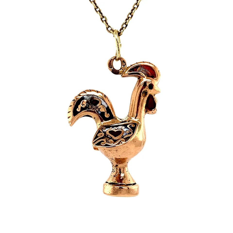 Vintage 18K Gold Rooster Pendant with Enamel