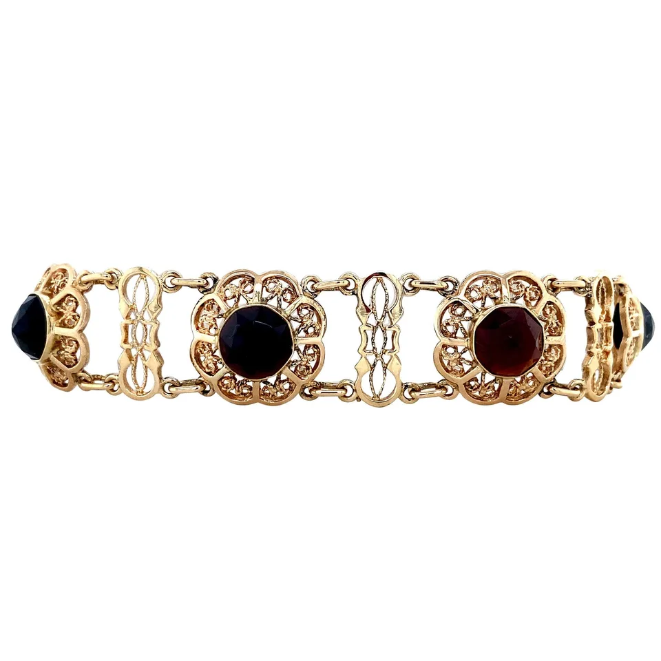 Vintage 14K Gold Boat Link Bracelet with Garnet
