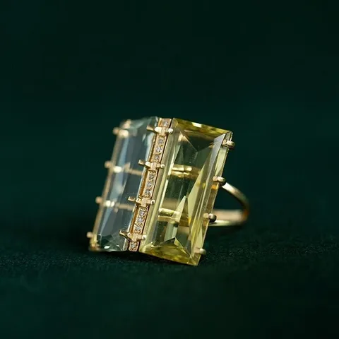 Vintage 18K Gold Ring with Citrine Prasiolite and Diamond