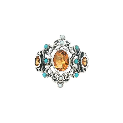 Vintage Sterling Silver Ring with Citrine, Turquoise and Pearl