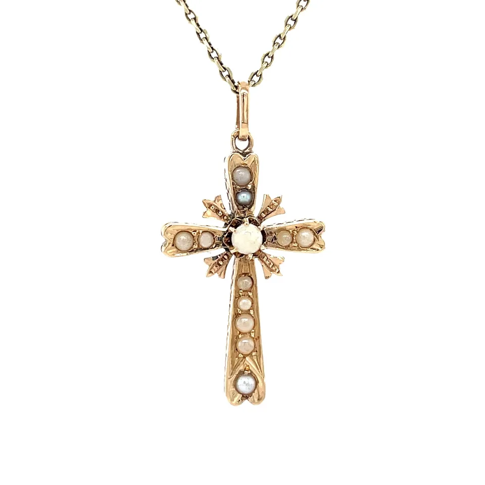 Vintage 14K Rose Gold Cross Pendant with Pearl