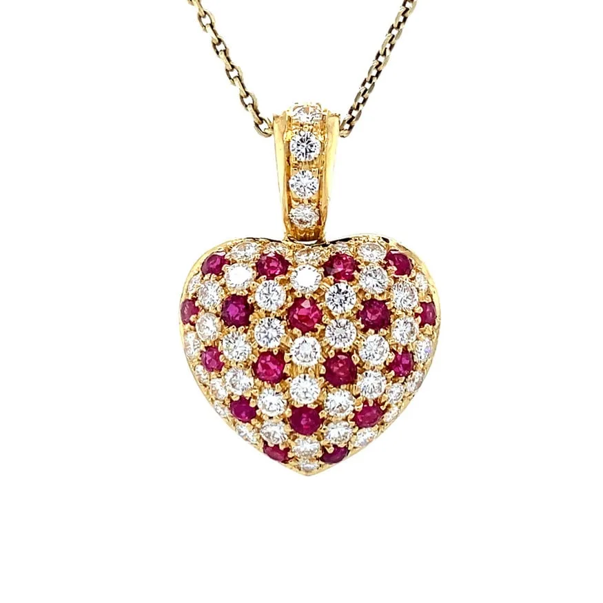Vintage 18K Gold Heart Pendant with Ruby and Diamond