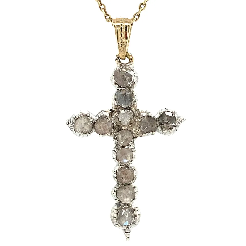 Vintage 14K Gold Cross Pendant with Rose Cut Diamond
