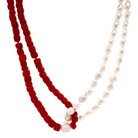 Vintage Red Coral and Pearl Necklace with 14K Gold Clasp