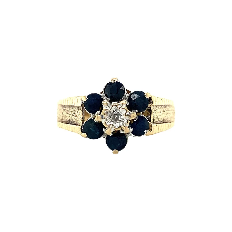 Vintage Two Tone Cluster 9K Gold Ring with Sapphire and Diamond