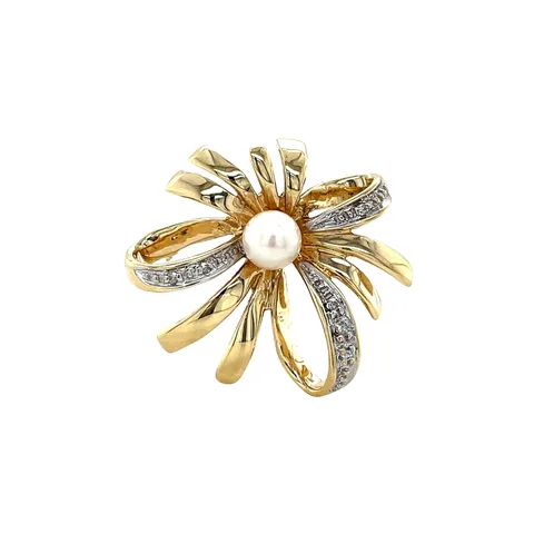 Vintage 8K Gold Brooch with Pearl and Diamond