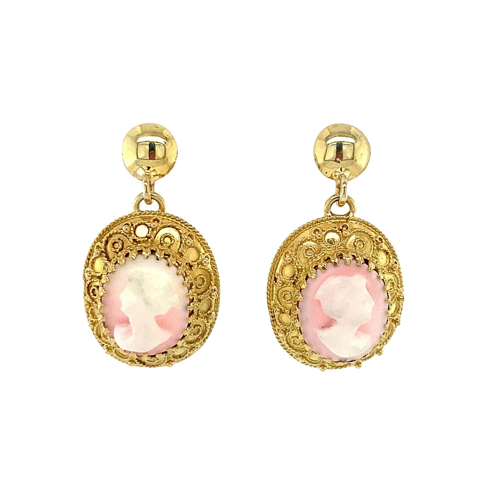 Vintage 14K Gold Drop Earrings with Cameo