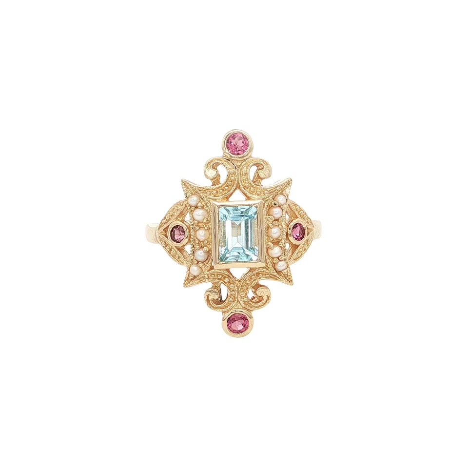 Vintage 14K Gold Ring with Topaz, Tourmaline and Pearl