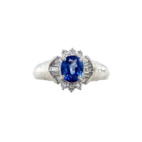 Vintage Platinum Cluster Ring with Sapphire and Diamond
