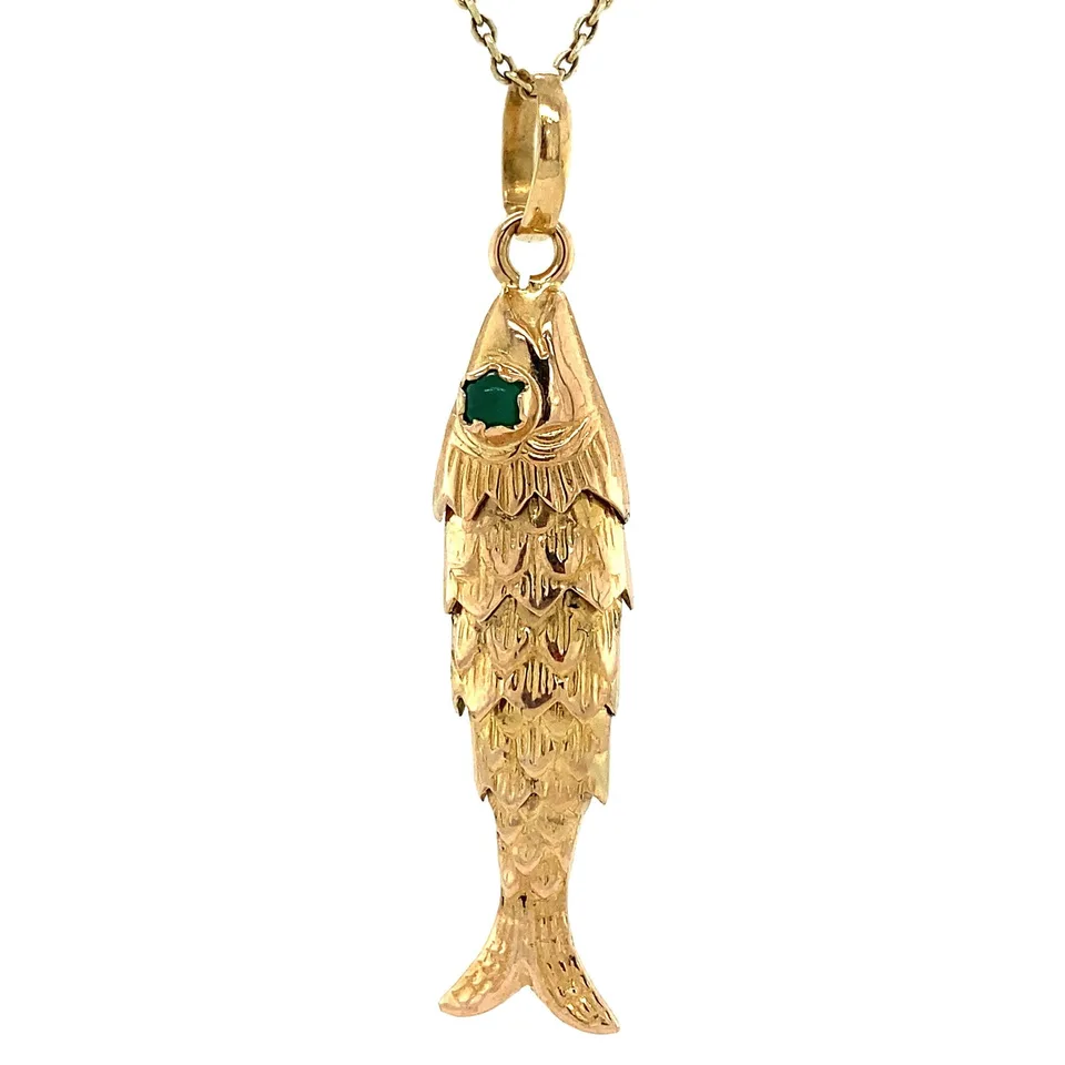 Vintage 18K Gold Fish Pendant with Colored Stone