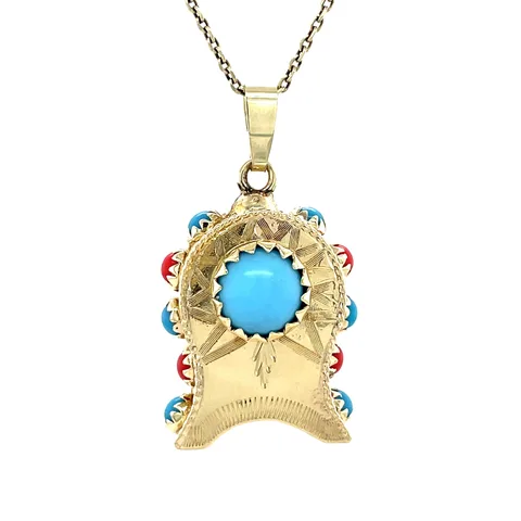 Vintage 14K Gold Clock Pendant with Colored Stone