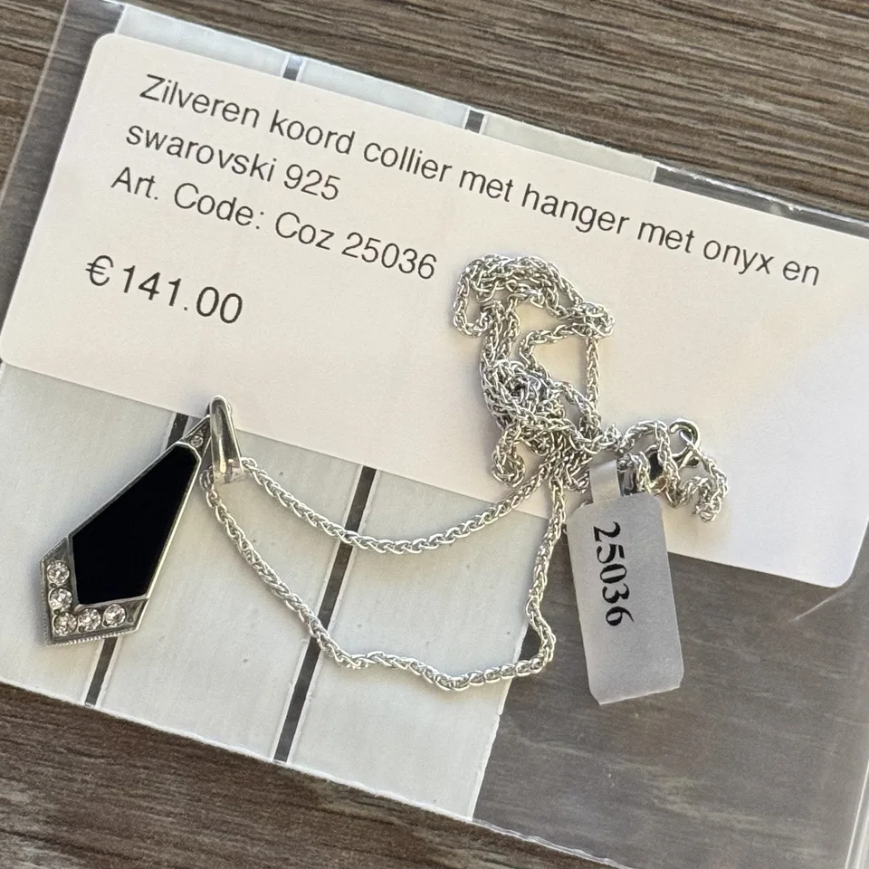 Vintage Sterling Silver Rope Necklace with Pendant with Onyx and Swarovski